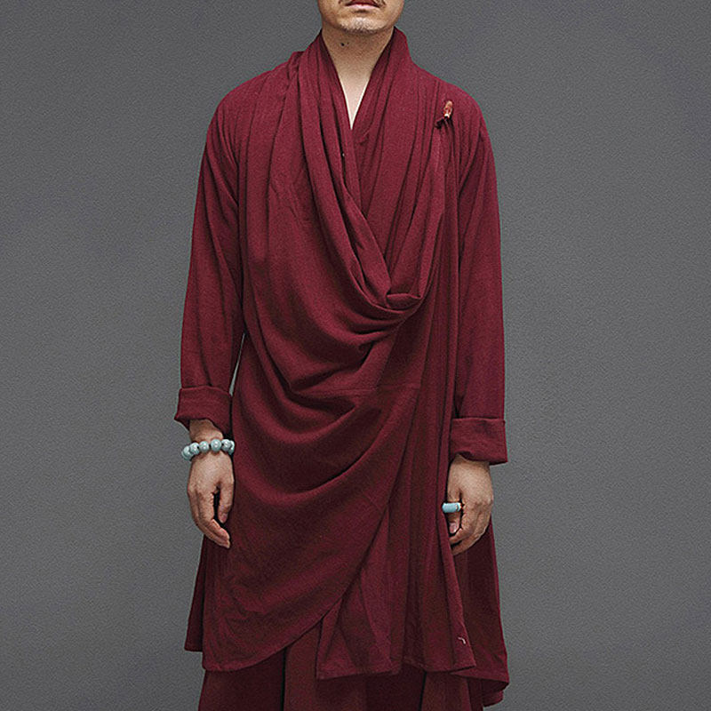 중국 스타일의 면화와 린넨 HANFU 남자의 고대 스타일 느슨한 평신도 명상 명상 차 정장 복고풍 민족 망토 남성 의류