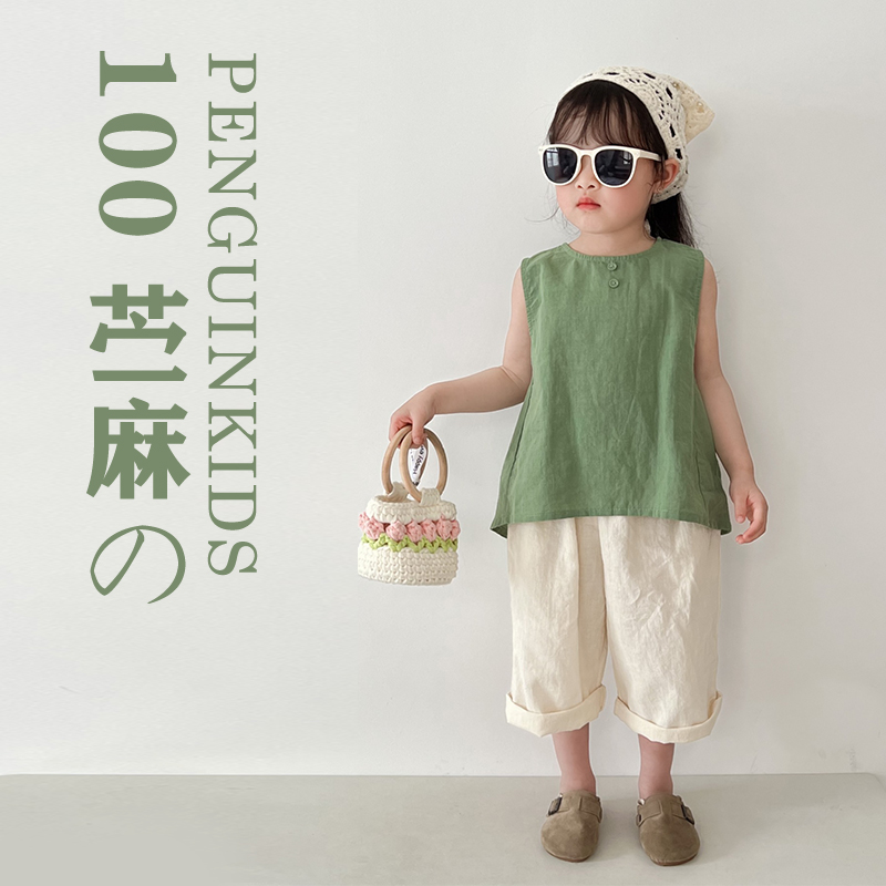 苎麻套装女童A字无袖背心森系文艺风夏季圆领小衫薄小童棉麻上衣