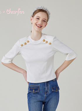 朝峰设计感白色短袖针织衫女修身显瘦百搭上衣CFE1C220-2031B