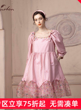 CHARFEN朝峰春新款方领拼接复古灯笼袖连衣裙CFD1C365-3068G