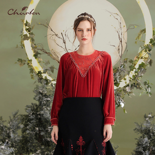 CHARFEN朝峰名媛气质圆领丝绒长袖上衣女CFD5G038-0069T