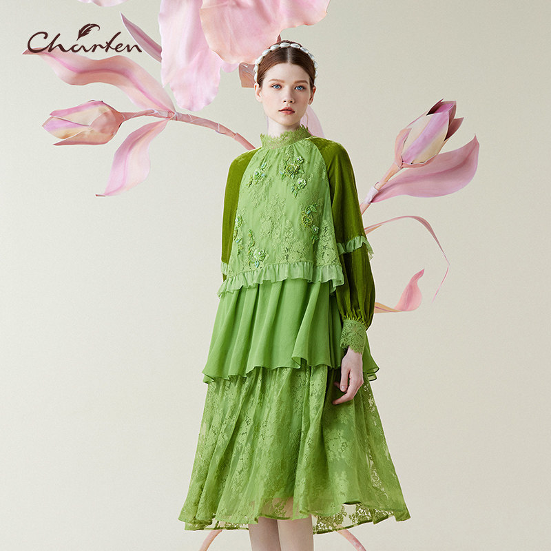 温柔风刺绣蕾丝连衣裙绿色蛋糕裙显瘦中长款高级感CFE1A303-3072G,女装/女士精品,连衣裙,淘宝优惠券,粉丝福利购,淘宝优惠卷
