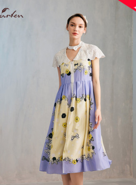 田园风印花连衣裙V领裙文艺浪漫显瘦裙子CFE2J111-1515G无挂脖