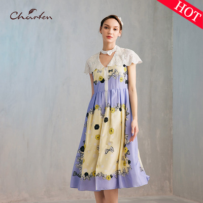 田园印花V领收腰显瘦连衣裙