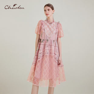 CHARFEN朝峰气质名媛优雅泡泡袖 6060G 中长连衣裙女CFE2F631