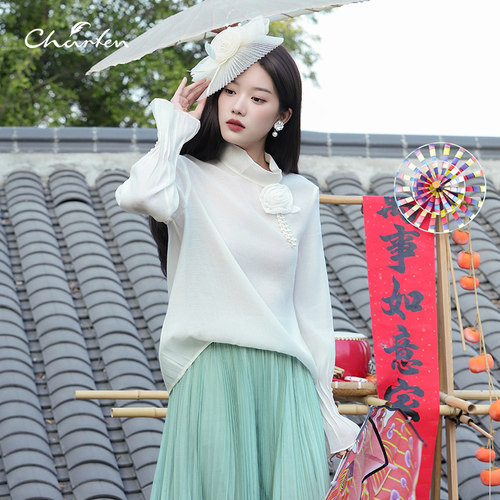 朝峰立领白色立体花朵女衬衫