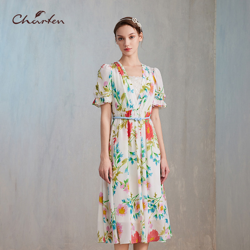 法式田园风花卉印花连衣裙夏泡泡袖收腰显瘦气质裙CFE2F105-1306G