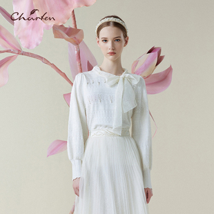 朝峰法式浪漫风白色蕾丝蝴蝶结衬衫女优雅显瘦上衣CFE1B111-1070C