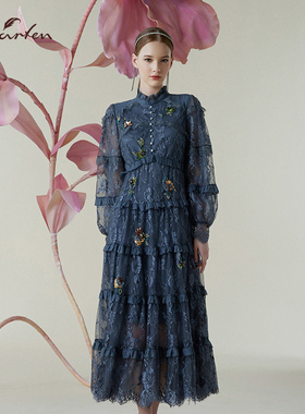 温柔蓝色蕾丝连衣裙女长袖立领印花分层蛋糕裙气质CFE1C012-0091G