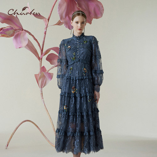 温柔风蓝蕾丝印花蛋糕连衣裙