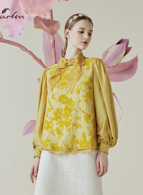 朝峰复古丝绒衬衫长袖立领蝴蝶结宽松设计感上衣CFE1C019-0031T