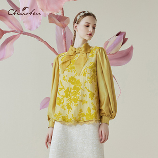 0031T 立领蝴蝶结宽松设计感上衣CFE1C019 朝峰复古丝绒衬衫 长袖