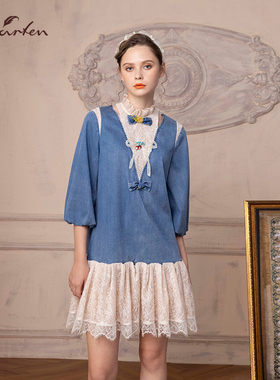 朝峰牛仔拼接蕾丝宽松连衣裙女CFD1J192-1092G