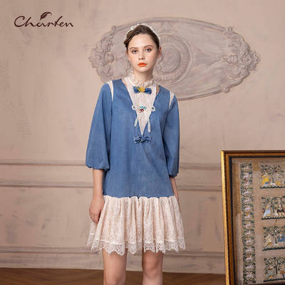 朝峰时尚甜美HA型牛仔拼接蕾丝