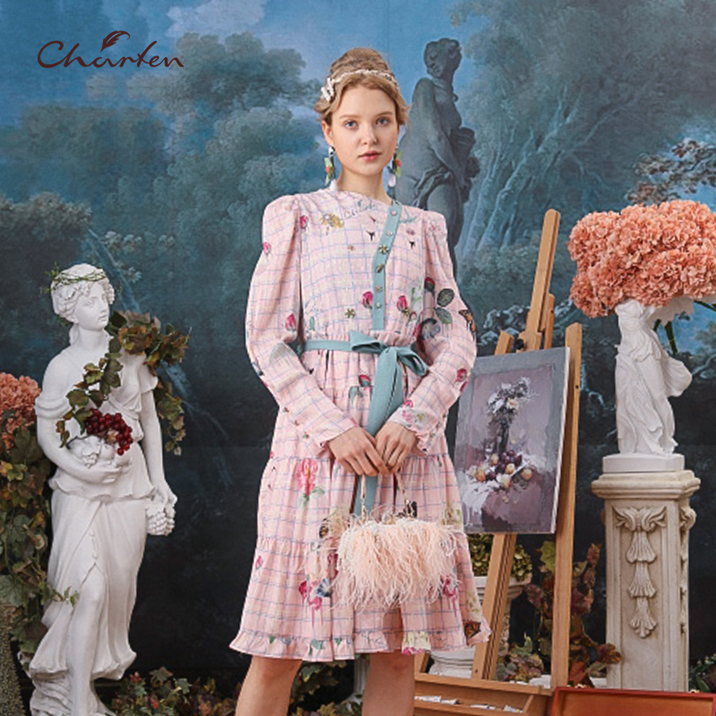 CHARFEN朝峰秋季复古优雅格纹收腰显瘦中长连衣裙女CFB3C117-122G