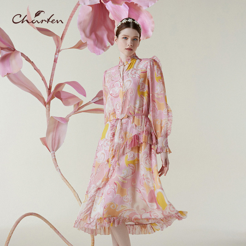 法式温柔风印花连衣裙收腰荷叶边气质优雅中长裙CFE1C319-3071G,女装/女士精品,连衣裙,淘宝优惠券,粉丝福利购,淘宝优惠卷