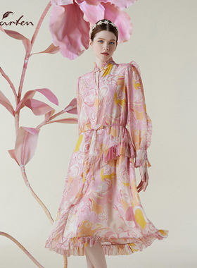 法式温柔风印花连衣裙收腰荷叶边气质优雅中长裙CFE1C319-3071G