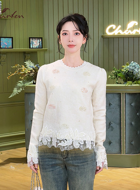 charfen朝峰甜美千金风圆领花朵刺绣蕾丝针织女百搭显瘦上衣3159C