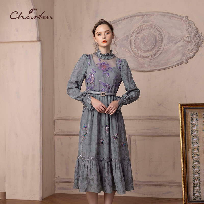 气质优雅国风蕾丝中长款连衣裙女