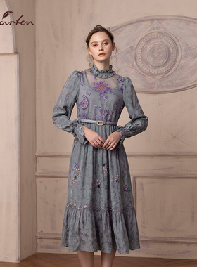 CHARFEN朝峰时尚气质优雅国风蕾丝中长款连衣裙女CFD1B009-0015G