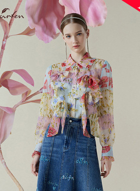 朝峰法式浪漫风女长袖蝴蝶结系带高级感气质上衣CFE1B311-3017T