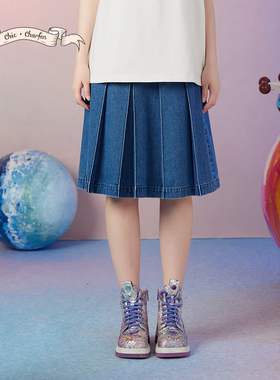 朝峰百搭高腰显瘦百褶牛仔半裙CFD3A509-5081S