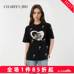 charfen朝峰黑色爱心玫瑰印花短袖T恤女小众设计感宽松6373B