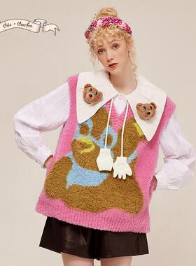 CHARFEN朝峰冬季新款熊熊IP大翻领提花衬衫CFD5D519-5023T