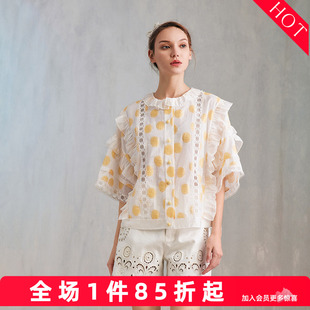 charfen朝峰田园风花边圆领衬衫女波点印花蕾丝拼接上衣夏3085T
