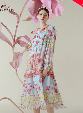 朝峰法式温柔花卉连衣裙女收腰显瘦中长优雅度假风CFE1B311-3078G