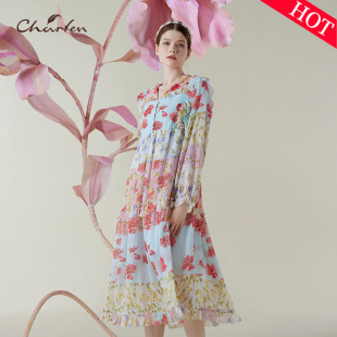 朝峰法式 3078G 温柔花卉连衣裙女收腰显瘦中长优雅度假风CFE1B311