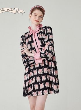 轻熟优雅风印花连衣裙长袖系带收腰显瘦气质礼服裙CFE1A553-5086G