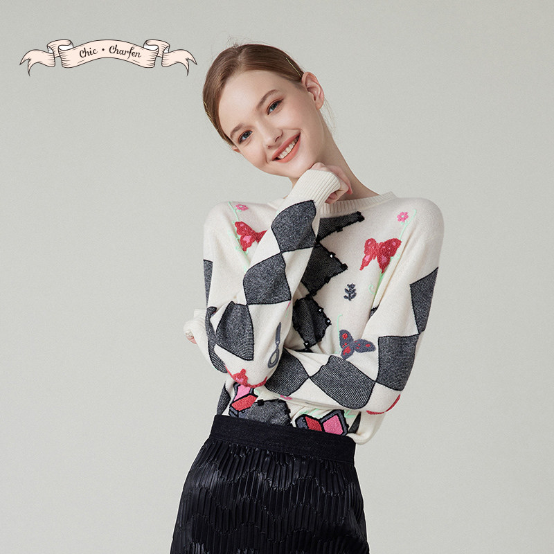 复古菱格纹针织衫圆领卡通图案毛衣少女感穿搭上衣CFE1A535-5055C,女装/女士精品,毛针织衫,淘宝优惠券,粉丝福利购,淘宝优惠卷