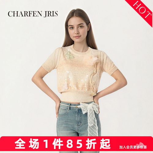 夏季淑女亮片蝴蝶结短袖针织衫