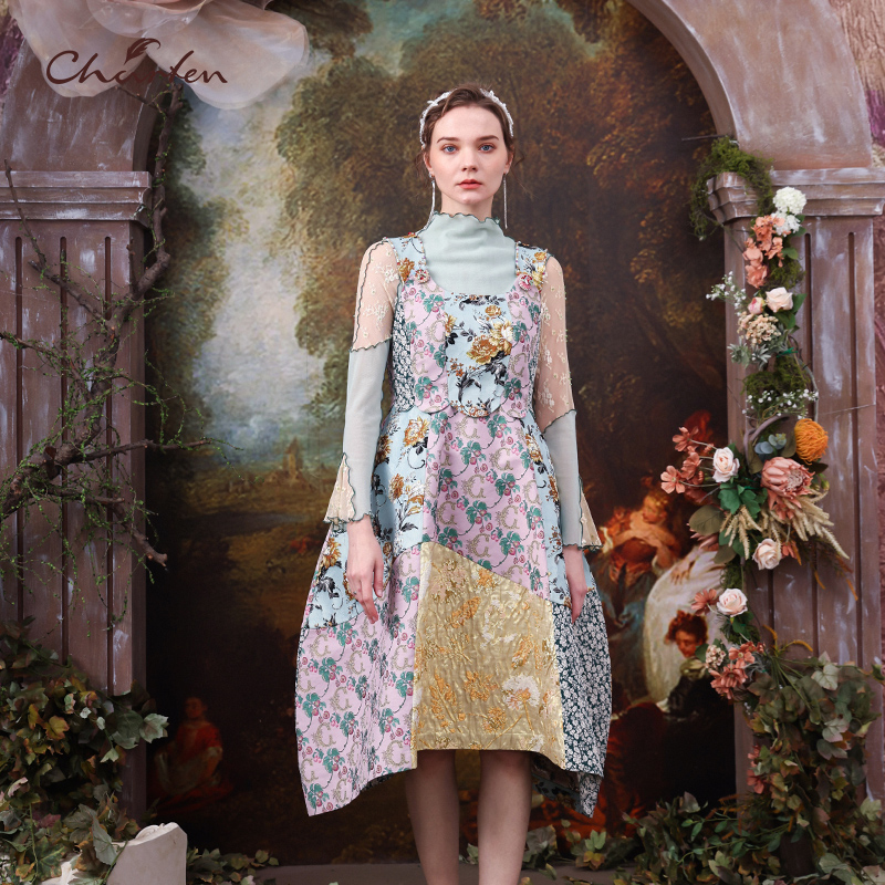 印花撞色拼接花苞裙吊带连衣裙女