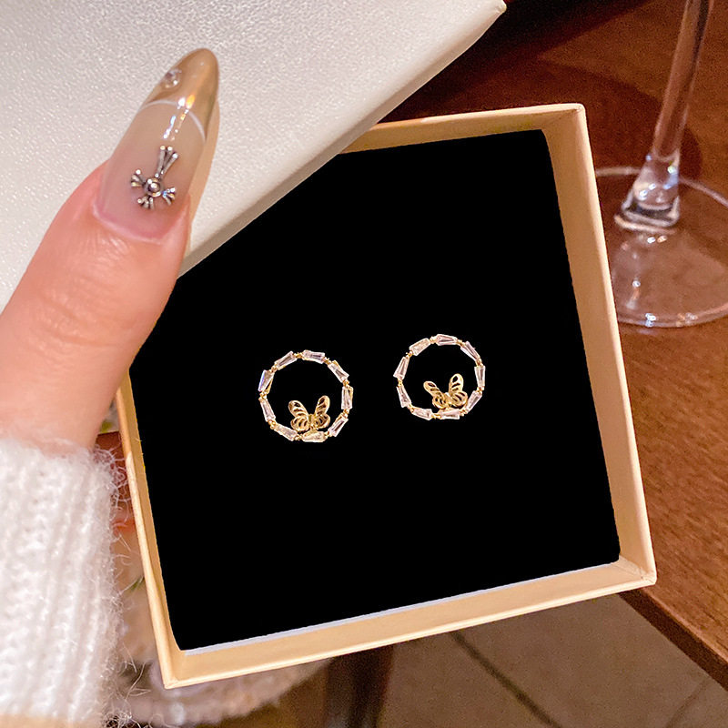 韩系精致锆石圆形耳环女甜美气质网红同款蝴蝶耳钉高级感耳饰批发