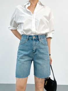 高腰直筒牛仔短裤 五分中裤 女夏季 洗水毛边宽松牛仔裤 薄款 品质款