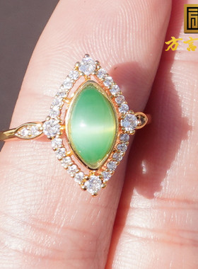 方言高品猫眼碧玉粉青银镶玉戒指