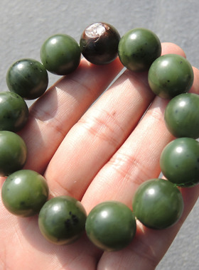 美滋滋方言和田玉老熟新疆碧玉籽料留红皮油糯16mm辣阳绿手串S