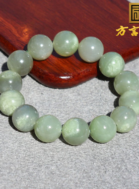 震惊精品方言和田玉收藏级青海老坑料带翠色卡16mm圆珠手串手链O8
