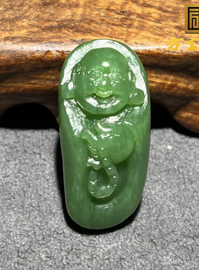 精品方言和田玉精品俄罗斯油润浓郁阳绿色微猫眼碧玉弥勒佛吊坠O8