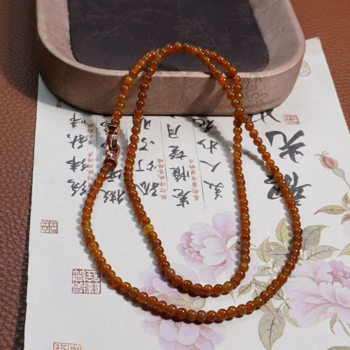 和田玉新疆且末料矿山老红糖糖玉卡4mm圆珠108颗黄糖色多圈项链k