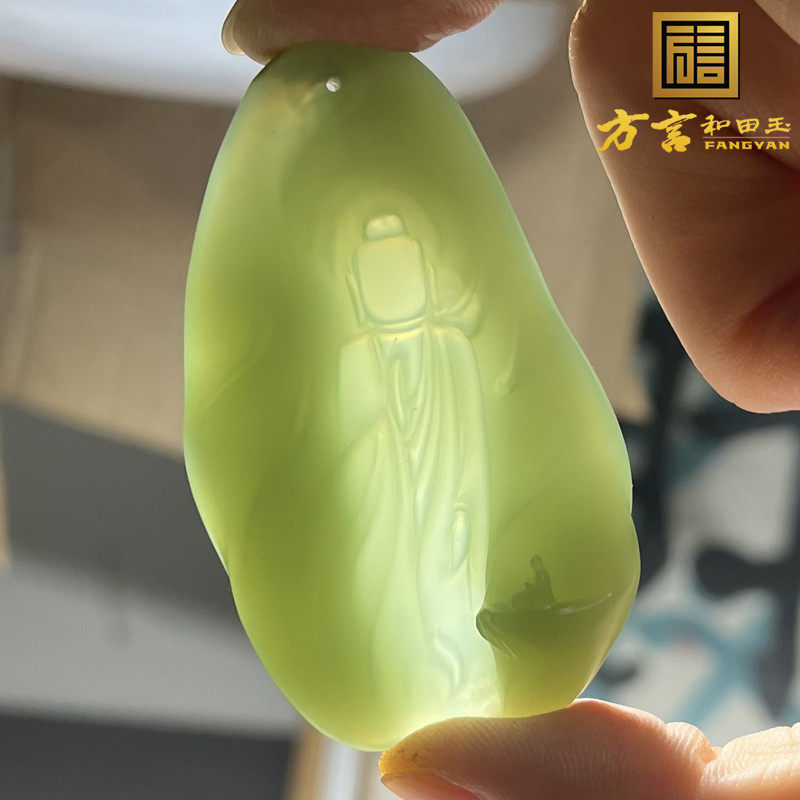 佩戴级方言和田玉精品放巨漏俄罗斯老坑粉清佛窟悟道碧玉吊坠件s8