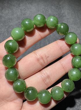 高品质方言和田玉老坑俄料辣菠菜绿精美油润细腻12mm手串手链S