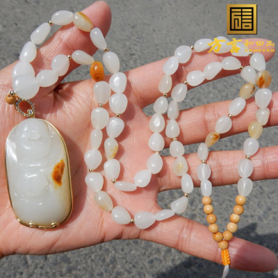 方言和田玉精品仅仅9万元元珍品杨大钊羊脂玉独籽金镶玉吊坠项链F