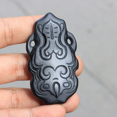 亏麻了方言和田玉精品新疆漆黑如墨墨玉兽面衔螭佩籽料细腻吊坠O