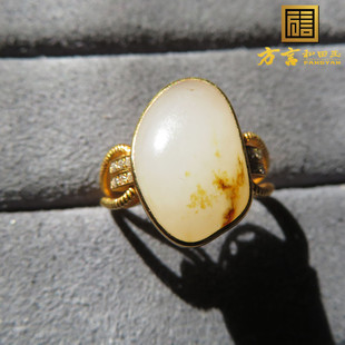爆火方言和田玉精品新疆玉龙河黄沁皮白玉籽料金镶玉原石戒指w2