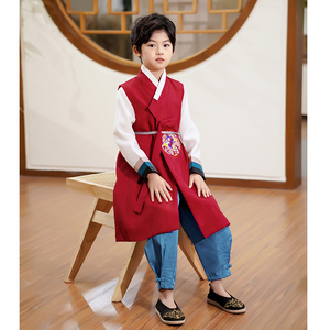 新款男童韩服朝鲜族服少数民族风长袍马甲三件套古装传统演出服饰