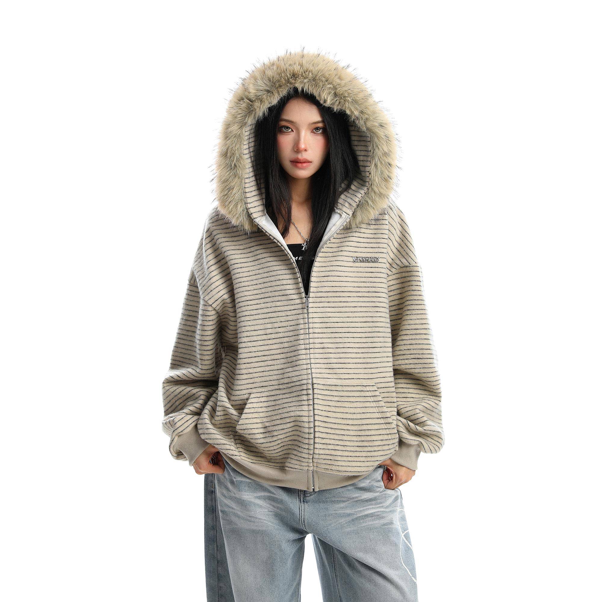 75折NEW美式条纹可拆卸大毛领连帽卫衣女情侣秋季慵懒风潮牌外套