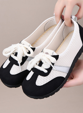 夏季新款老北京布鞋女透气网面妈妈鞋一脚蹬德训鞋浅口镂空阿甘鞋